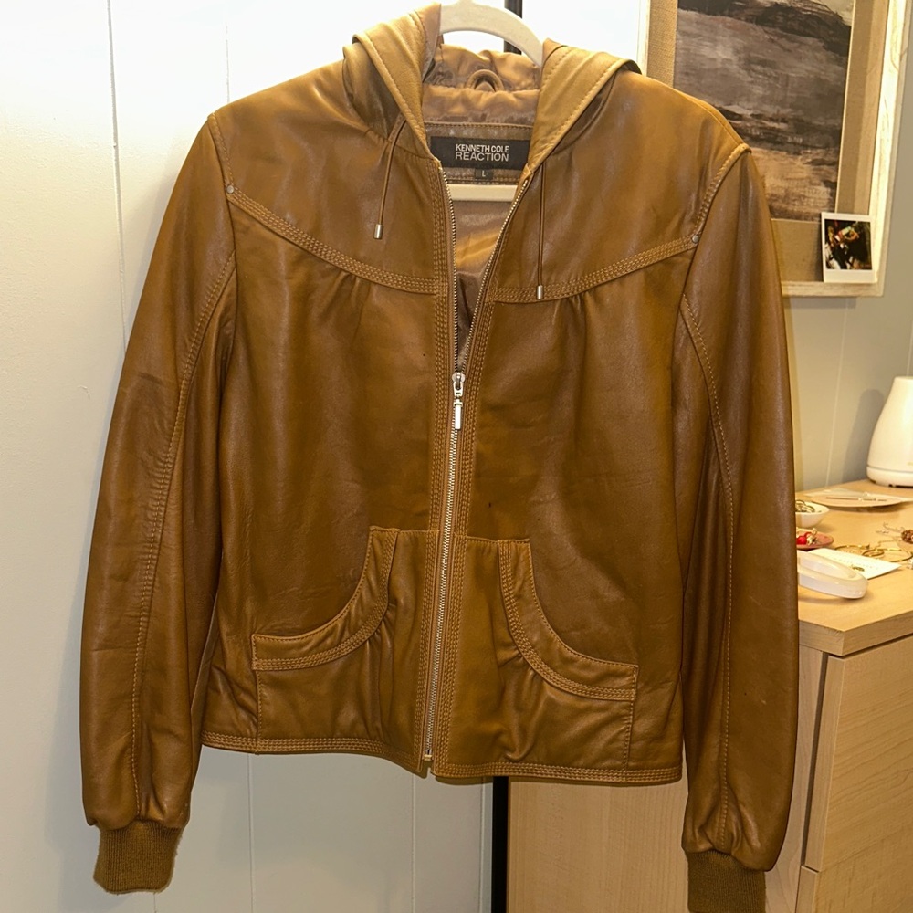 Kenneth Cole Reaction Camel Leather Hooded Jacket
